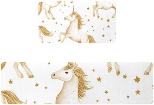 HOHODIY Set of 2 Gold Unicorns Kitchen Mats
