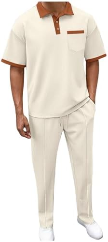 Mens 2 Piece Waffle Knit Polo Shirt and Pants Summer Set