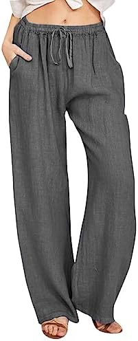 Womens High Waisted Wide Leg Linen Cropped Trouser with Pocket