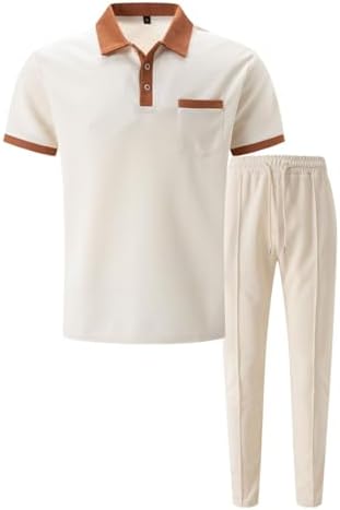 Mens 2 Piece Waffle Knit Polo Shirt and Pants Summer Set
