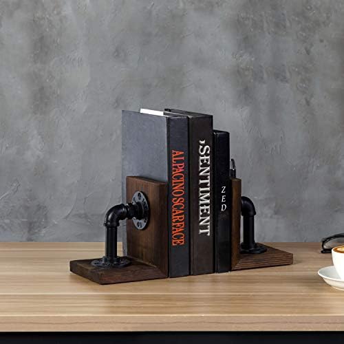MyGift Dark Brown Bookends with Wood and Metal