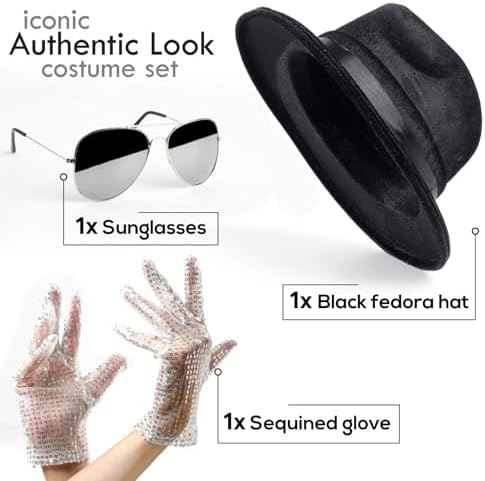 Michael Jackson Costume - Set of 3 - Fedora Sequin Gloves Aviator Sunglasses