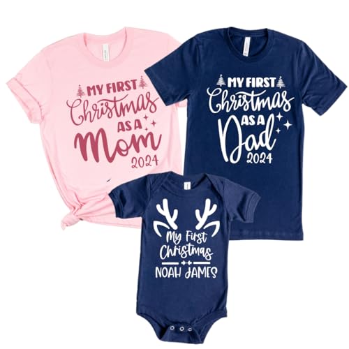 Our First Christmas Mom Dad Baby Matching Shirts 2024