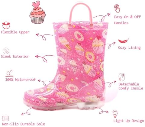 EUXTERPA Kids Light Up Waterproof Rain Boots with Glitter and Easy On Handles