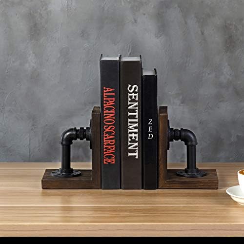 MyGift Dark Brown Bookends with Wood and Metal