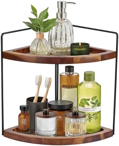 2 Tier Acacia Wood Corner Shelf Organizer 132x99 Inch