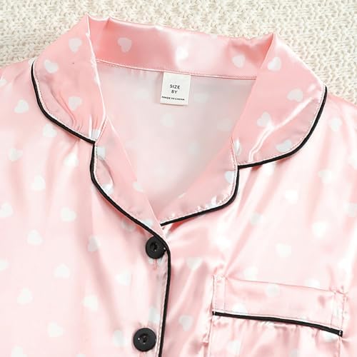 Toddler Girls Satin Pajamas Set with Heart Print and Buttons