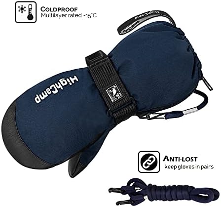 HIGHCAMP Kids Ski Mittens Waterproof Winter Gloves with Zipper and String