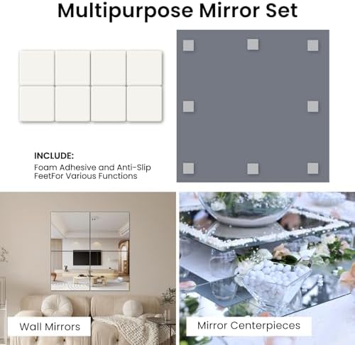 8 Square Glass Mirror Centerpieces 12Pcs with Non-Slip Feet