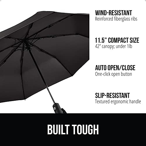 GORILLA GRIP Windproof Stick Umbrella - 8 Rib 42 Wide Black