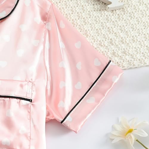 Toddler Girls Satin Pajamas Set with Heart Print and Buttons