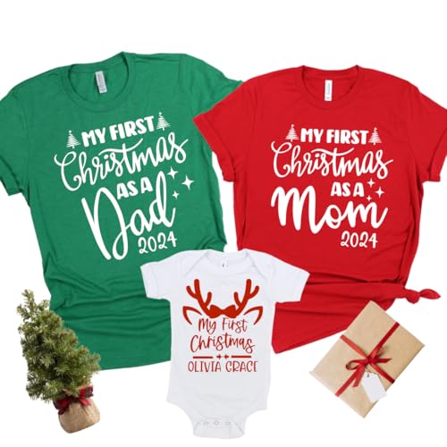 Our First Christmas Mom Dad Baby Matching Shirts 2024