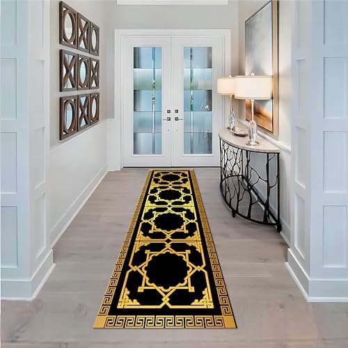 Greek Key Border Black Gold Runner Rug 2x7ft