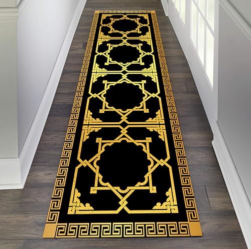 Greek Key Border Black Gold Runner Rug 2x7ft