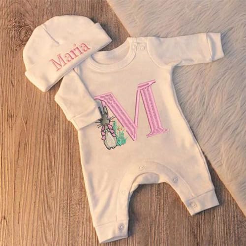 Personalized Baby Bodysuit Set with Monogrammed Romper and Hat 1