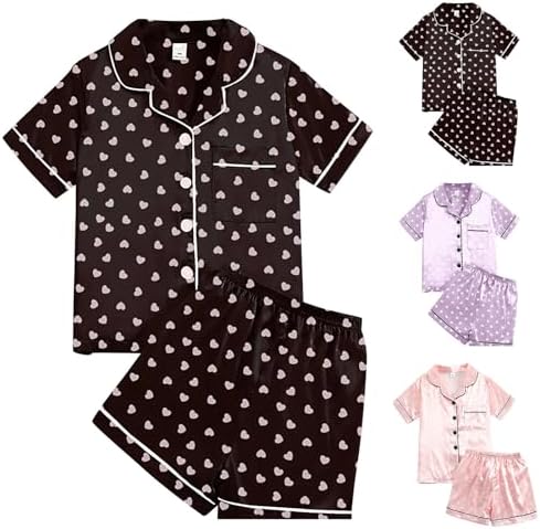Toddler Girls Satin Pajamas Set with Heart Print and Buttons