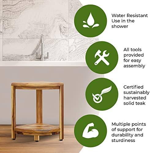 EcoDecors Teak Wood Corner Shower Stool with Shelf