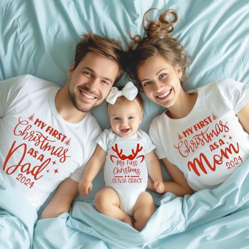 Our First Christmas Mom Dad Baby Matching Shirts 2024