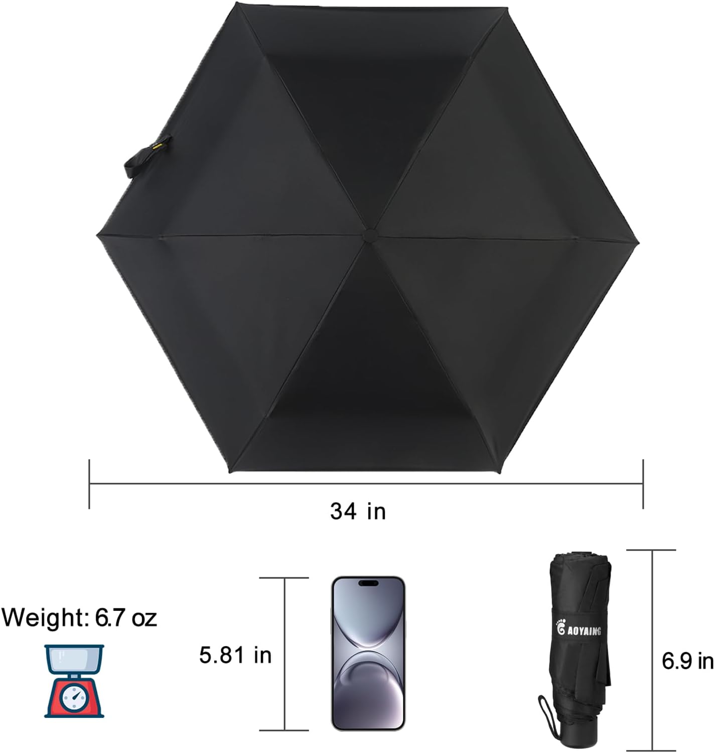 GAOYAING Compact Travel Umbrella Black 34 Inches