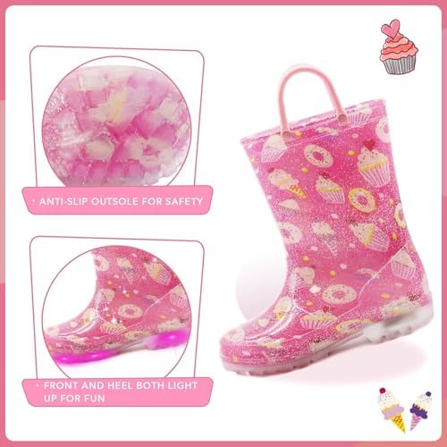 EUXTERPA Kids Light Up Waterproof Rain Boots with Glitter and Easy On Handles