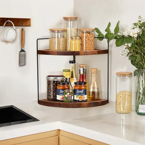2 Tier Acacia Wood Corner Shelf Organizer 132x99 Inch