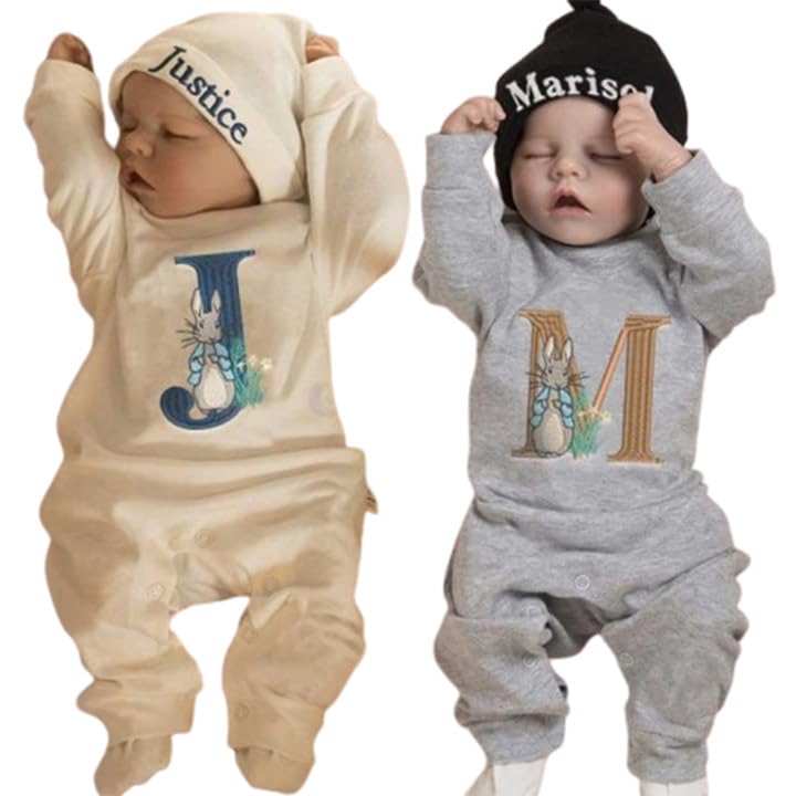 Personalized Baby Bodysuit Set with Monogrammed Romper and Hat 1