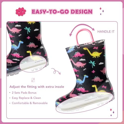 EUXTERPA Kids Waterproof Light Up Rain Boots with Glitter and Handles