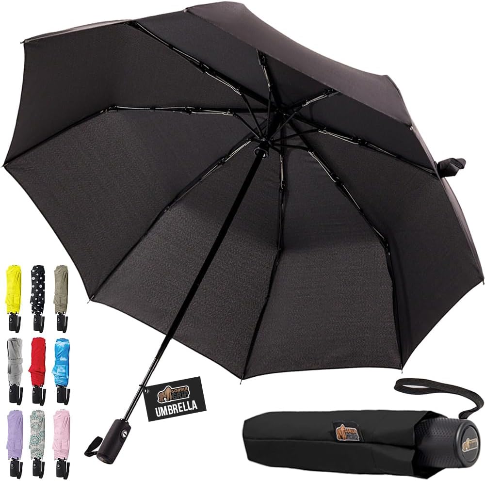 GORILLA GRIP Windproof Stick Umbrella - 8 Rib 42 Wide Black