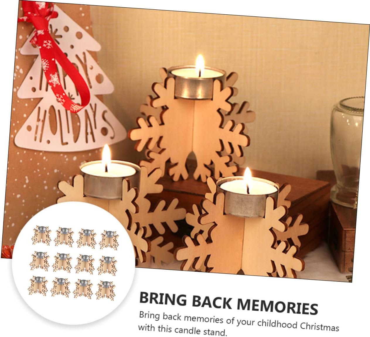 KICHOUSE Snowflake Wooden Candlestick Set for Christmas Decor
