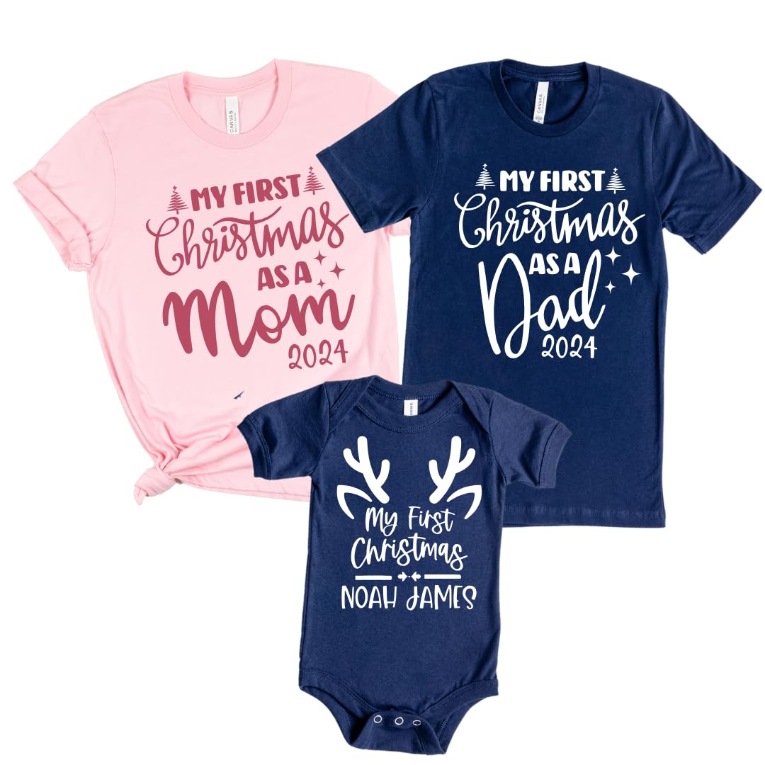 Our First Christmas Mom Dad Baby Matching Shirts 2024