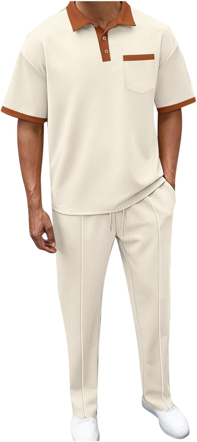 Mens 2 Piece Waffle Knit Polo Shirt and Pants Summer Set