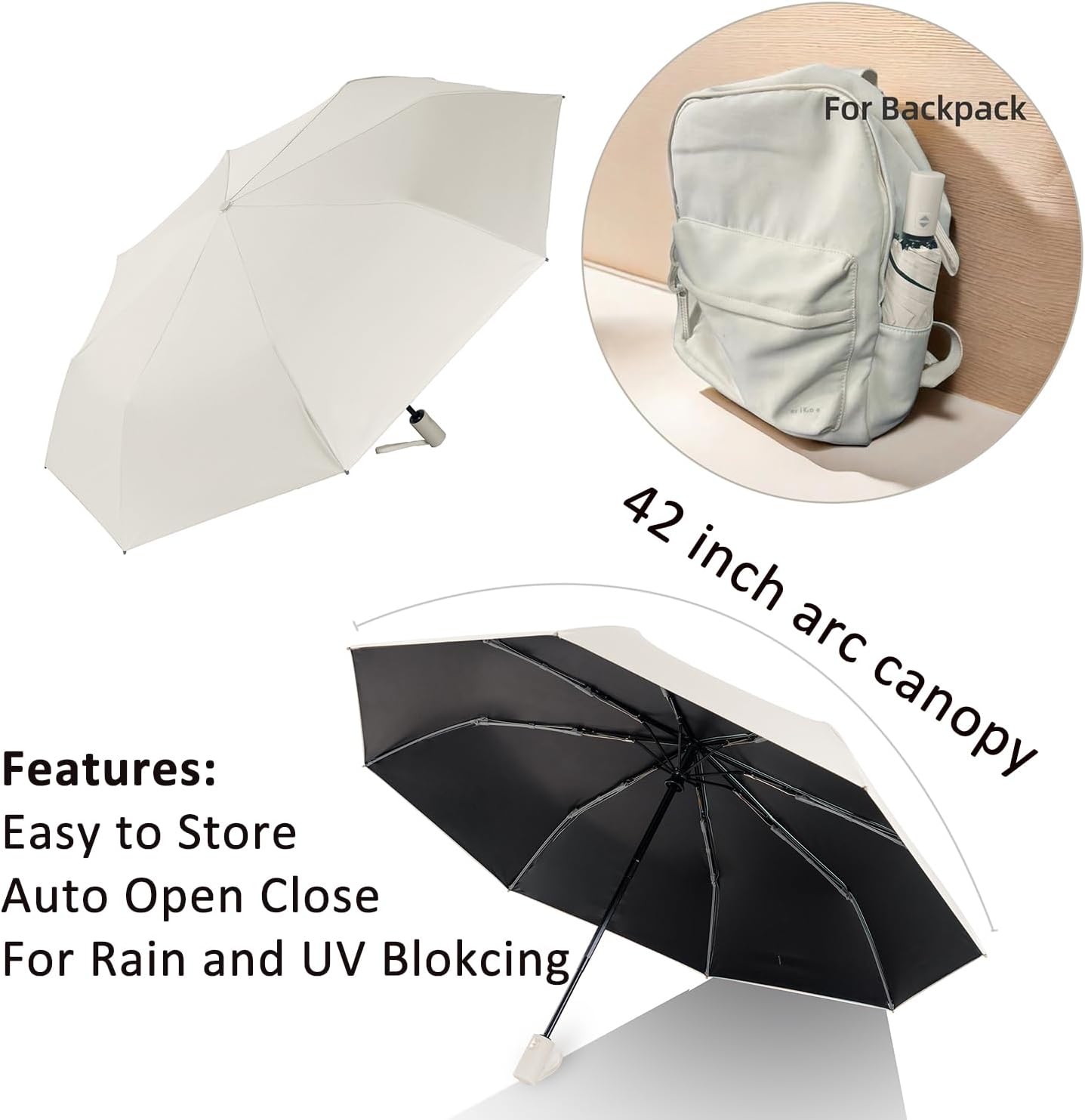 BAODINI Compact UV Protection Travel Umbrella 42 Inch UPF 50 Windproof