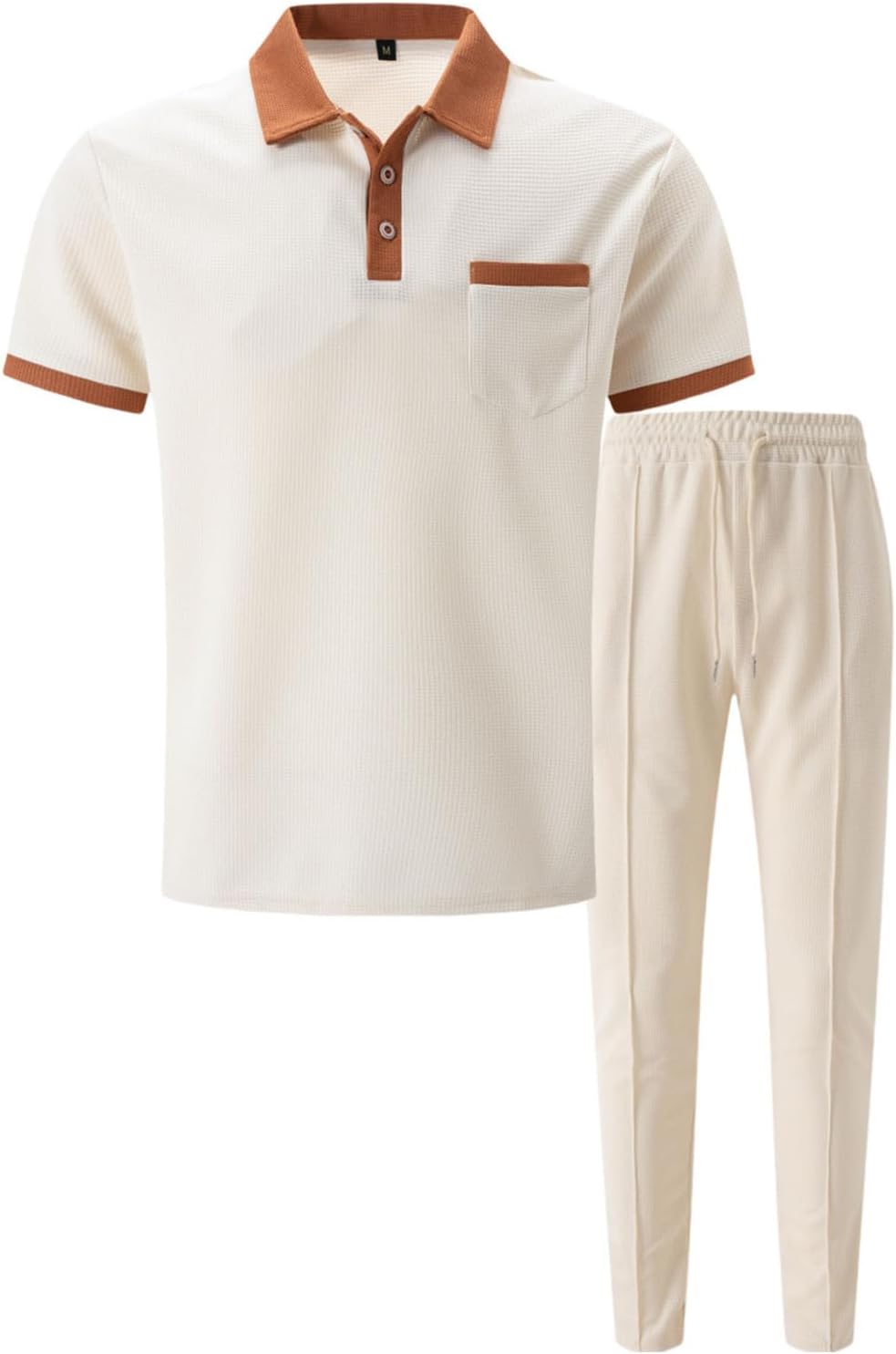 Mens 2 Piece Waffle Knit Polo Shirt and Pants Summer Set