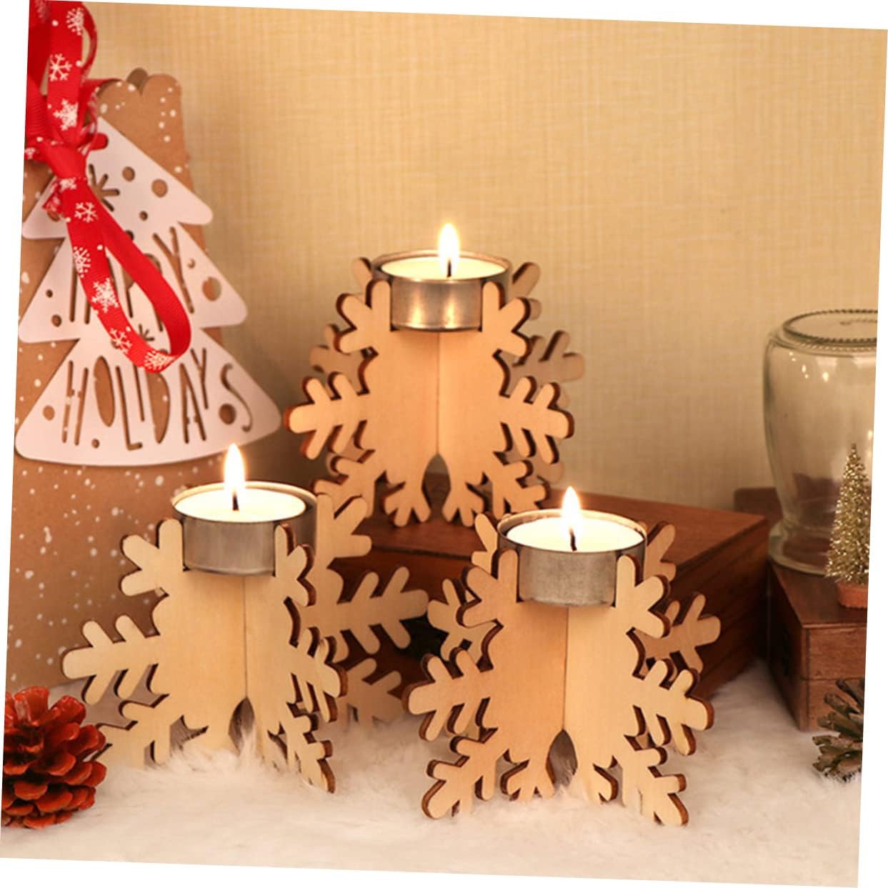 Elegant Christmas Snowflake Candle Holders 6 Pack Wood Decor