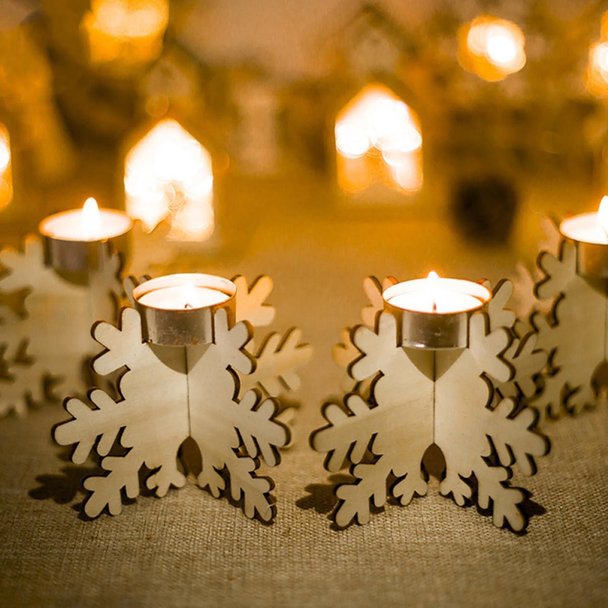 Snowflake Shape Wooden Candlestick Set 6pcs Christmas Decor