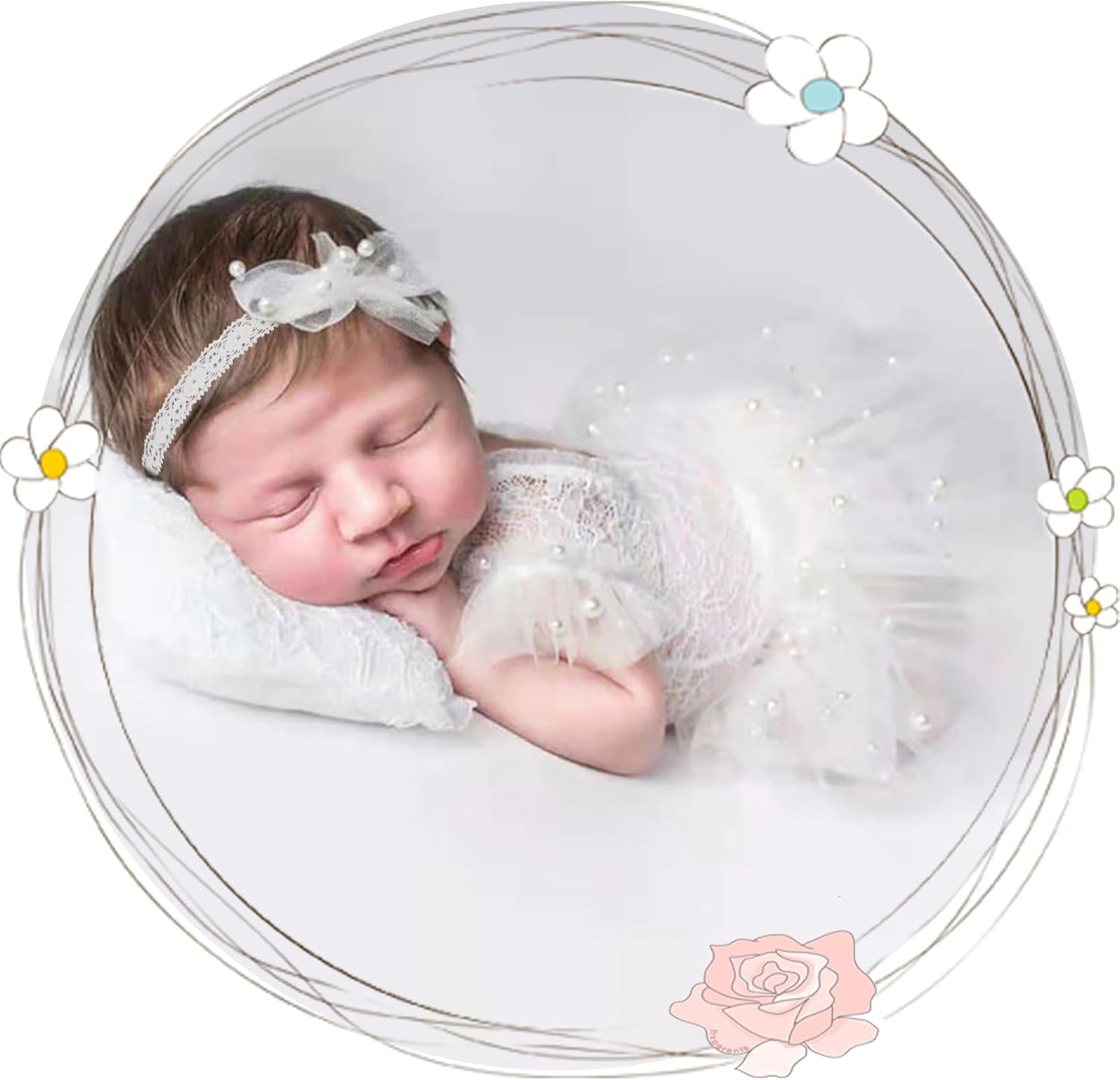 BLUETOP Newborn Girl Pearl Lace Romper Set