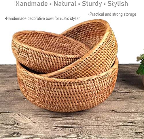 Amololo 8 Inch Round Rattan Fruit Basket with Deep Wall