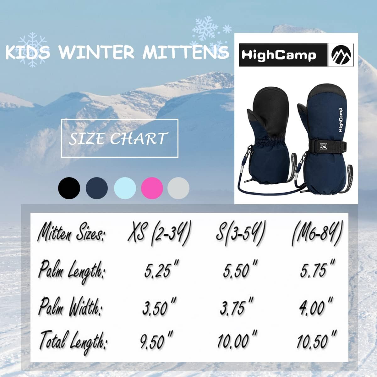 HIGHCAMP Kids Ski Mittens Waterproof Winter Gloves with Zipper and String