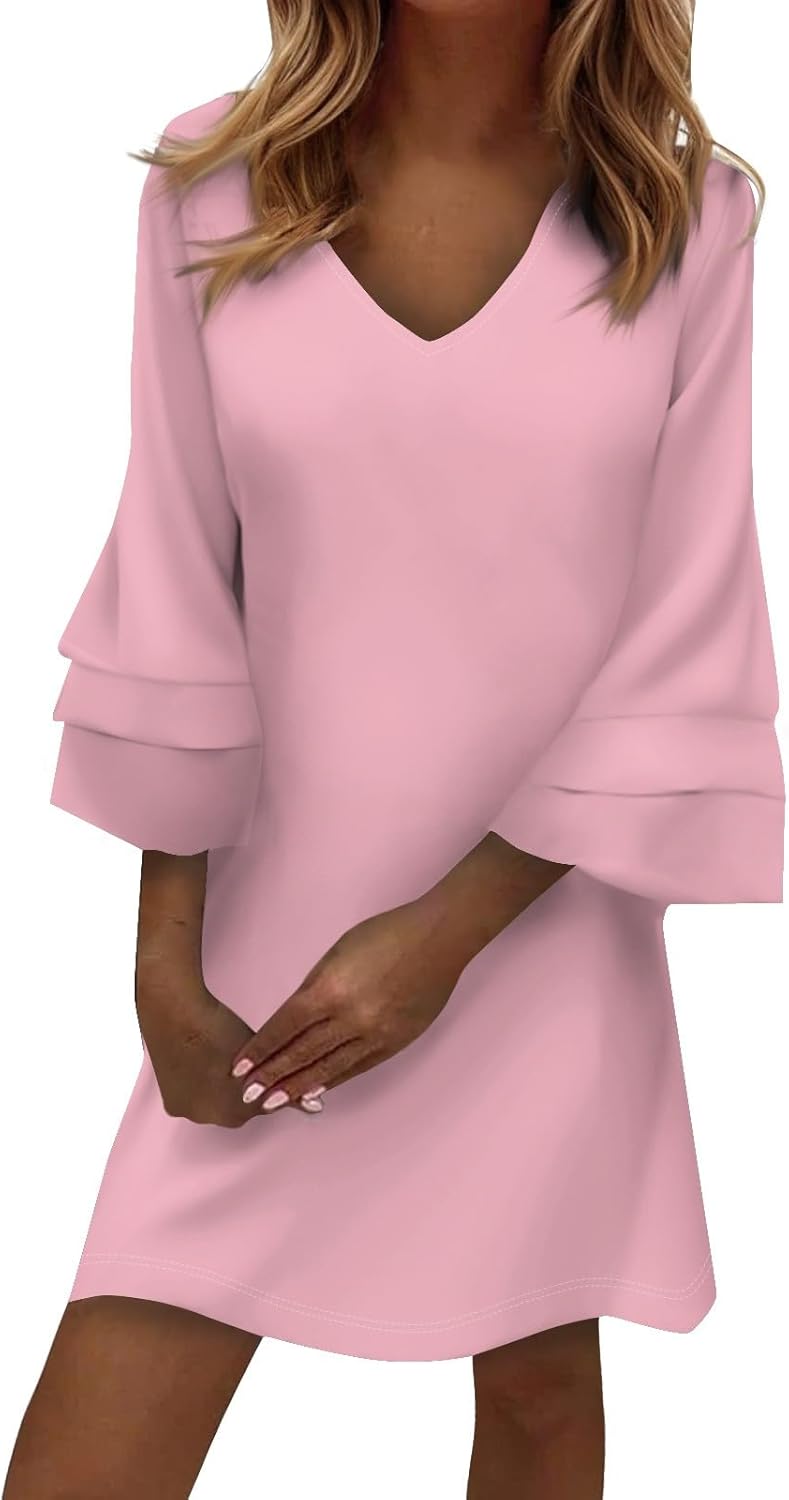 Womens 34 Bell Sleeve Shift Dress Elegant V-Neck Mini Cocktail Party Dress