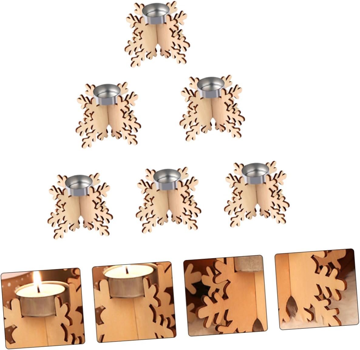 Elegant Christmas Snowflake Candle Holders 6 Pack Wood Decor