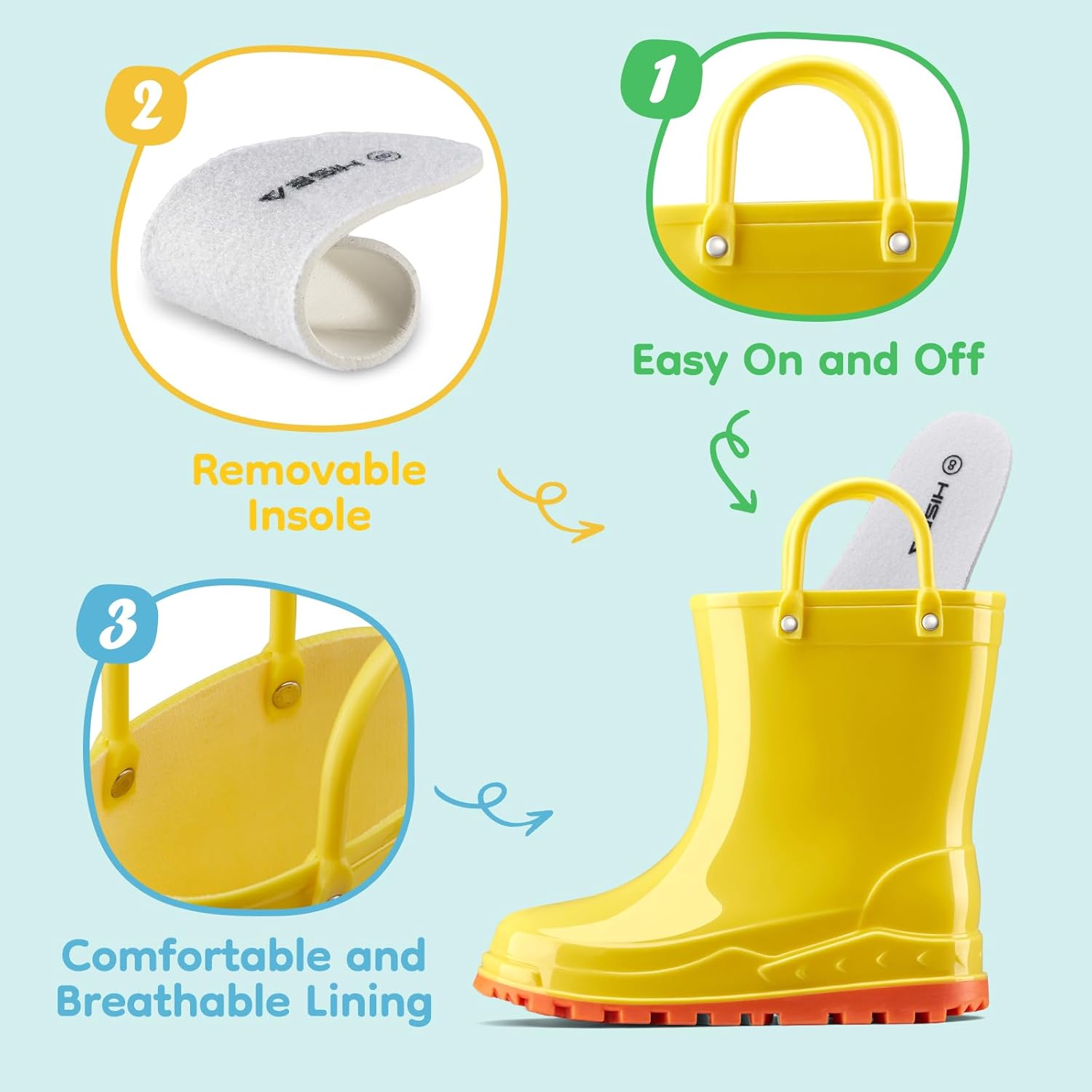 HISEA Toddler Rain Boots Waterproof Easy-On Handles