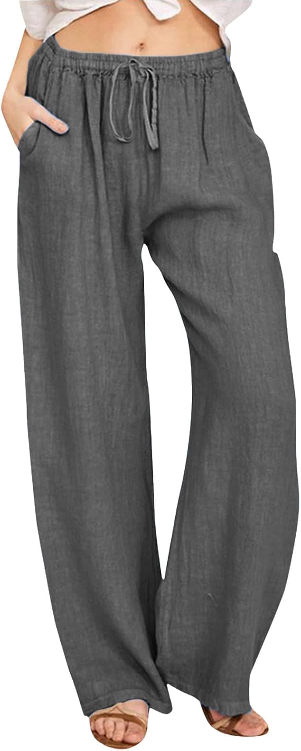 Womens High Waisted Wide Leg Linen Cropped Trouser with Pocket
