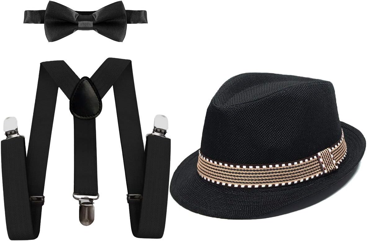 MYRISAM 1920s Themed Kids Fedora Hat Set with Suspenders and Bow Tie