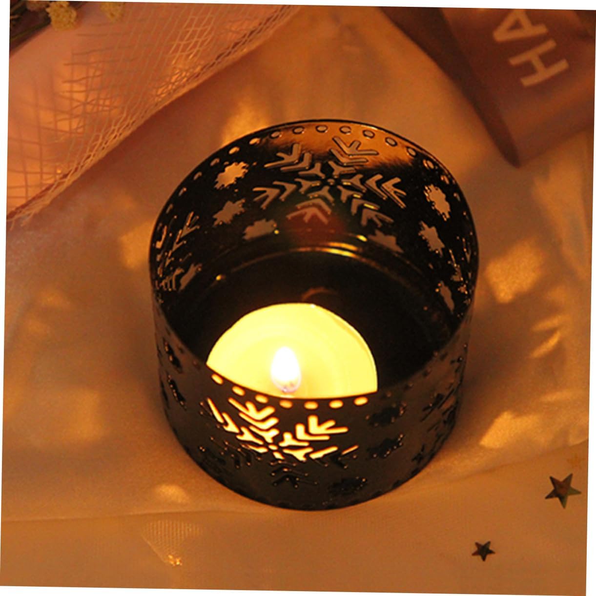 Retro Iron Snowflake Candle Holder Large Black