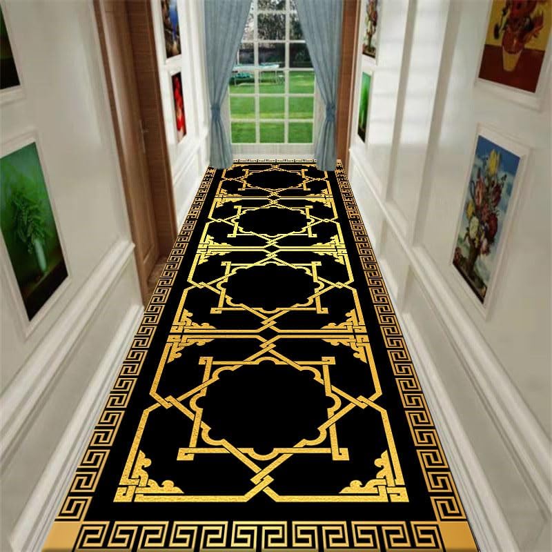 Greek Key Border Black Gold Runner Rug 2x7ft