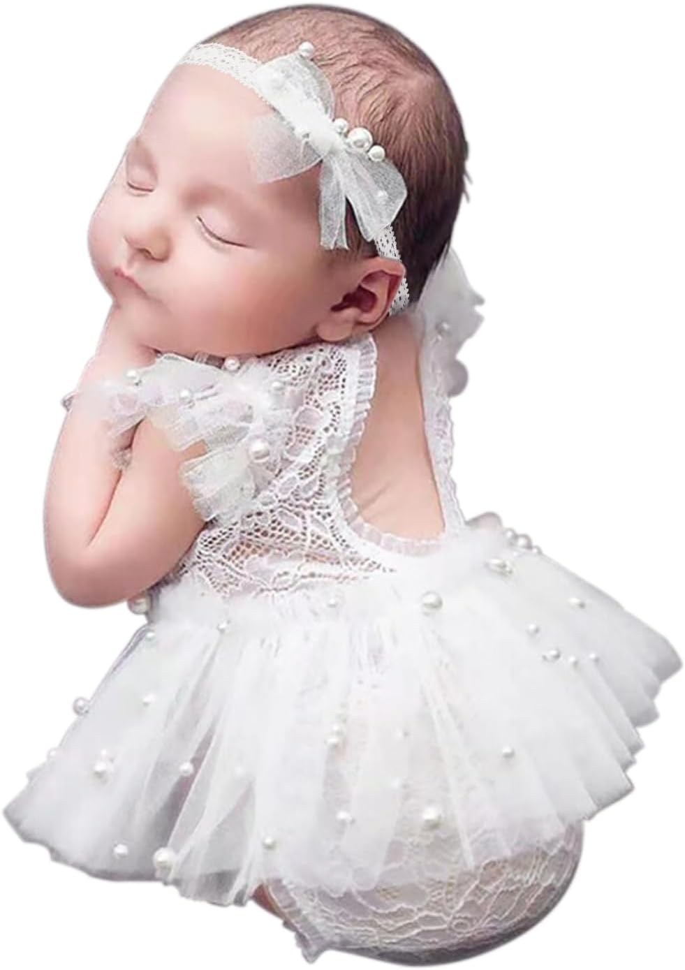 BLUETOP Newborn Girl Pearl Lace Romper Set