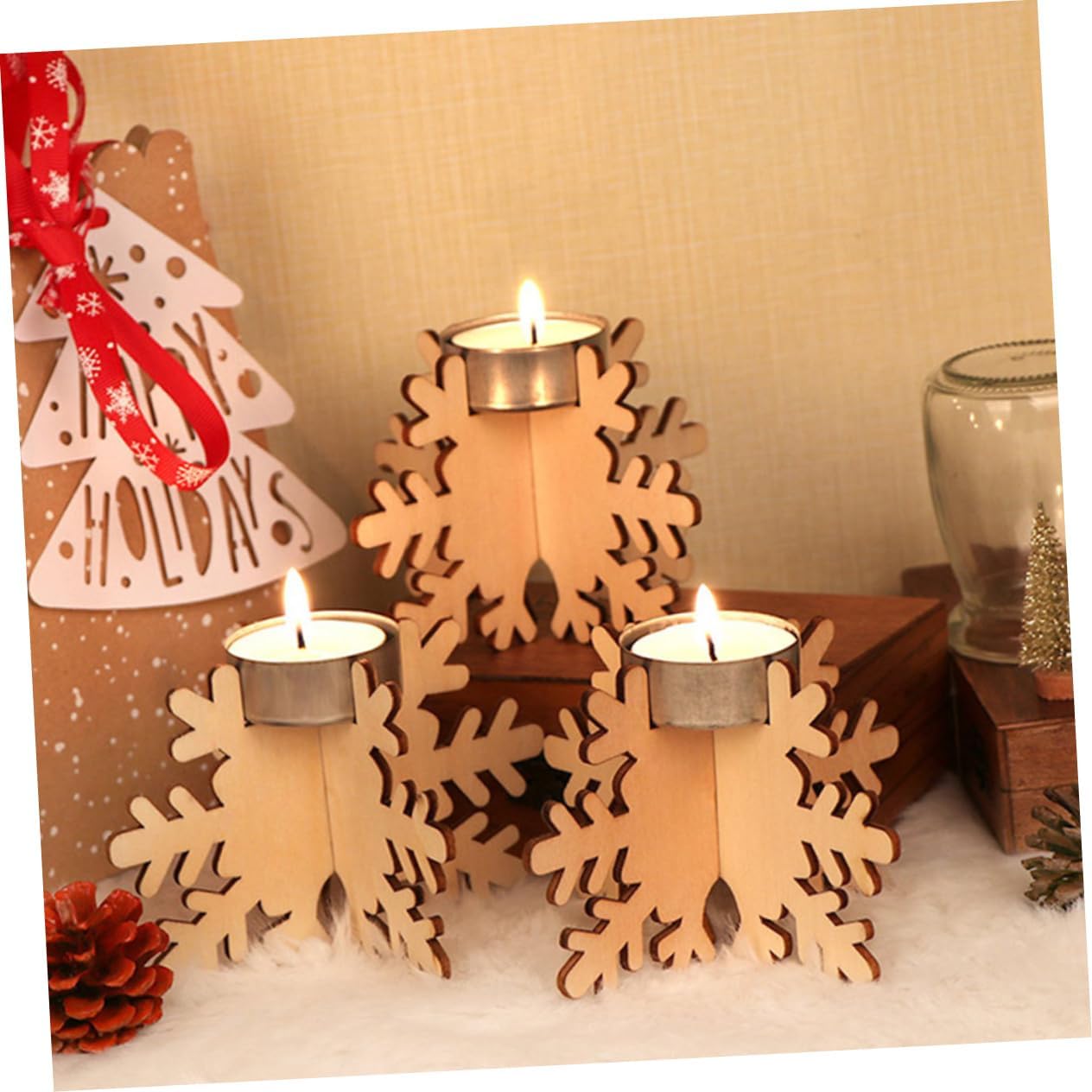 KICHOUSE Snowflake Wooden Candlestick Set for Christmas Decor