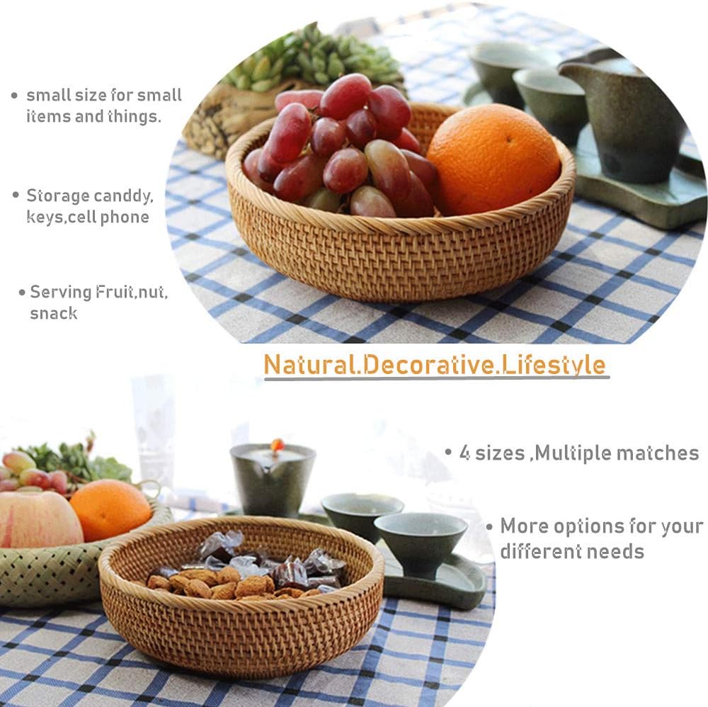 Amololo 8 Inch Round Rattan Fruit Basket with Deep Wall