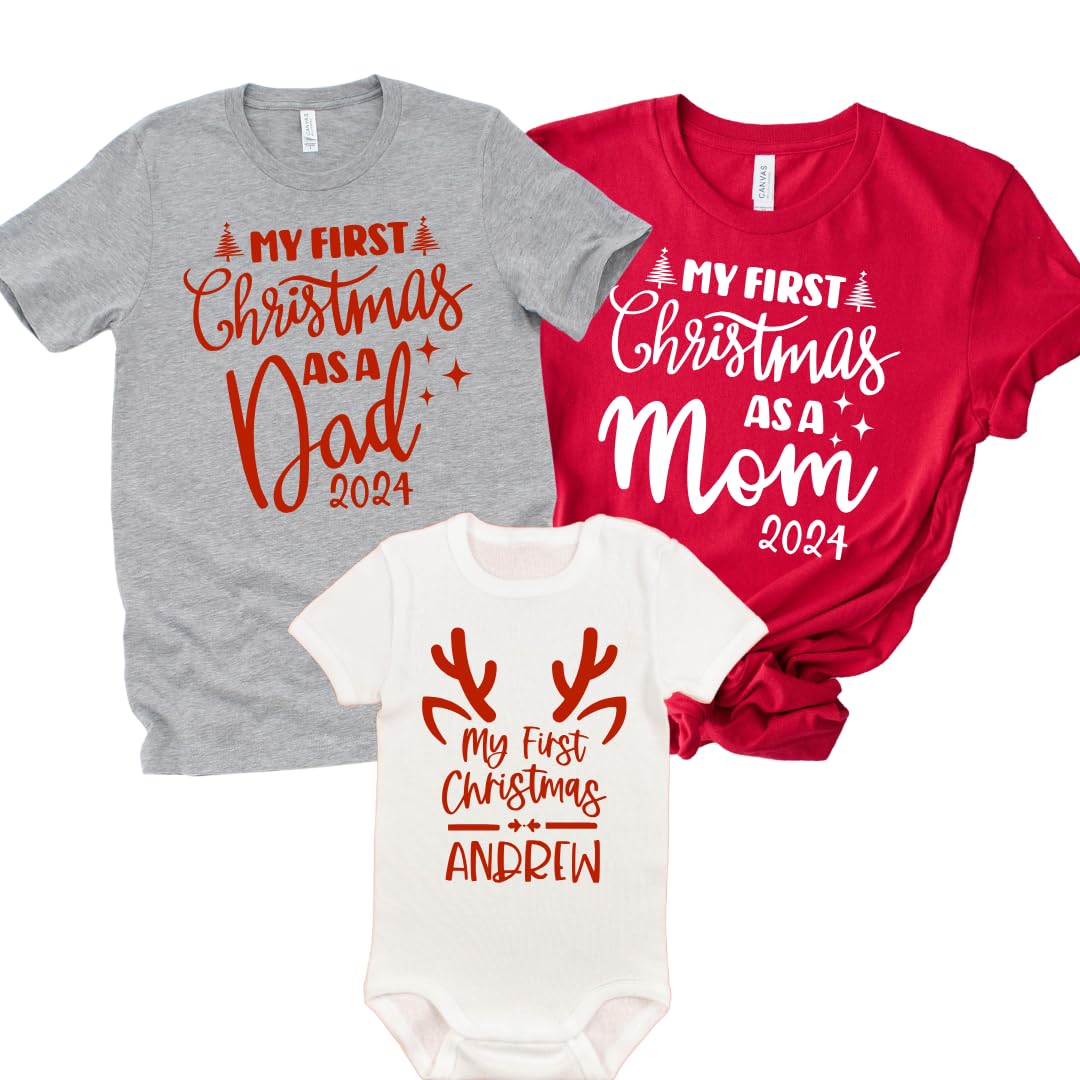 Our First Christmas Mom Dad Baby Matching Shirts 2024