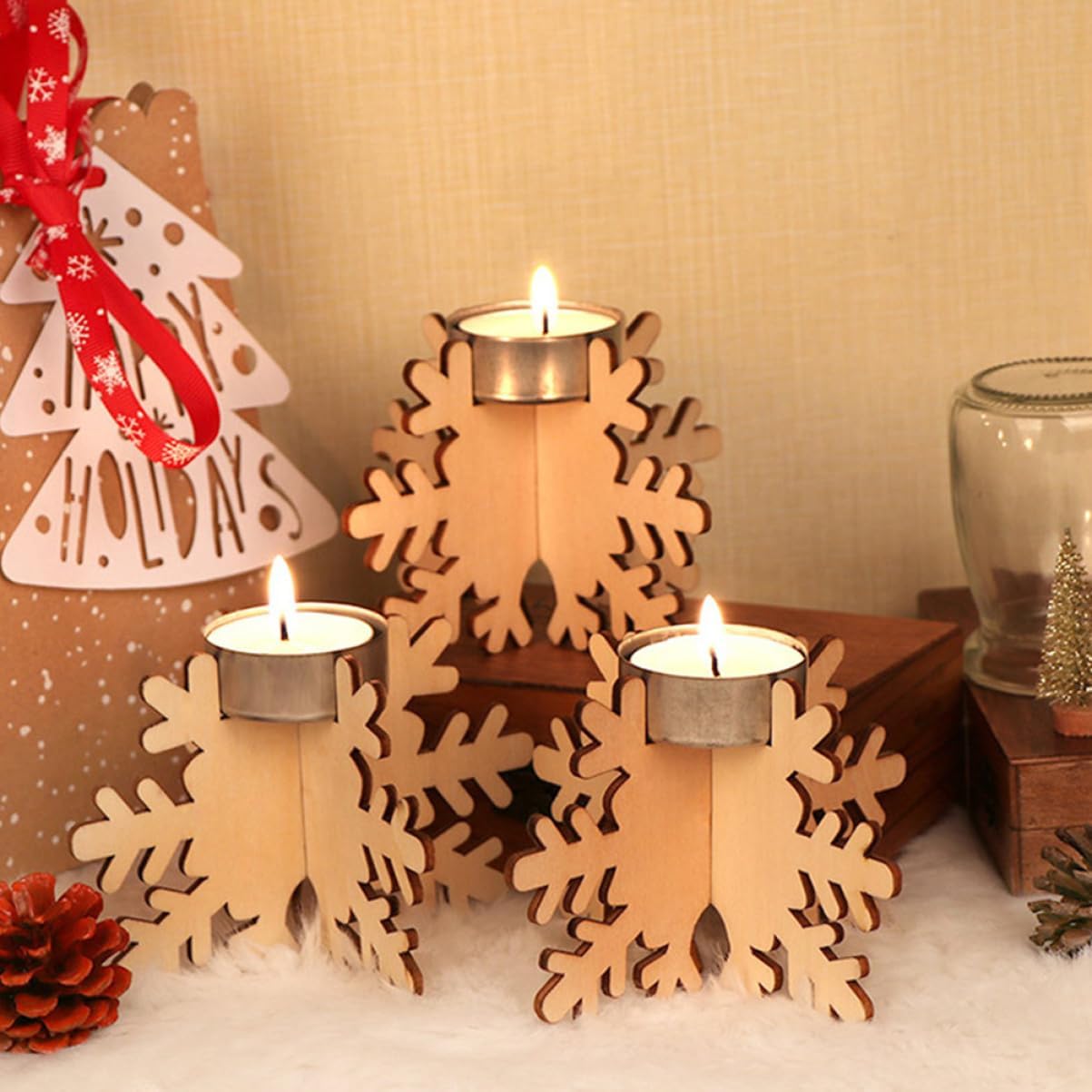 Snowflake Shape Wooden Candlestick Set 6pcs Christmas Decor